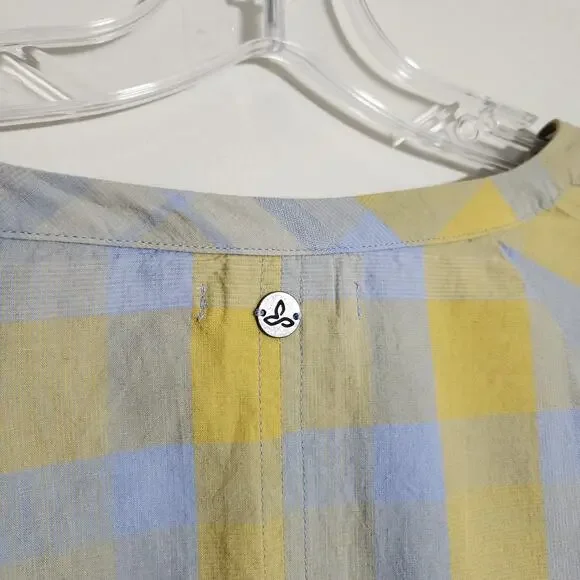 PrAna Elena popover yellow & blue plaid vneck button front shirt woman's size XL - Picture 8 of 12